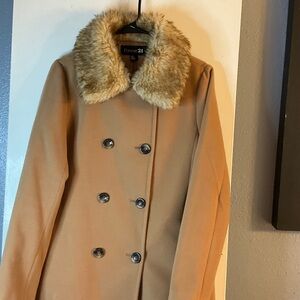 Forever 21 Camel Pea Coat with Faux Fur Collar